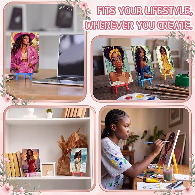 Blosssound 24 Pack Paint and Sip Kit African American Women Pre Drawn Canvas 5x7'' Afro Pre Printed Canvas Painting Kits with Easel Paint Pots Brushes Stretched Panels Gift Bulk for Party Birthday DIY
