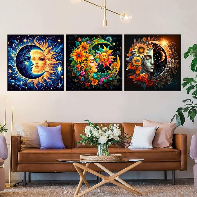 Axquilon 3 Packs Sun and Moon Paint by Numbers Kit for Adults 12x12in