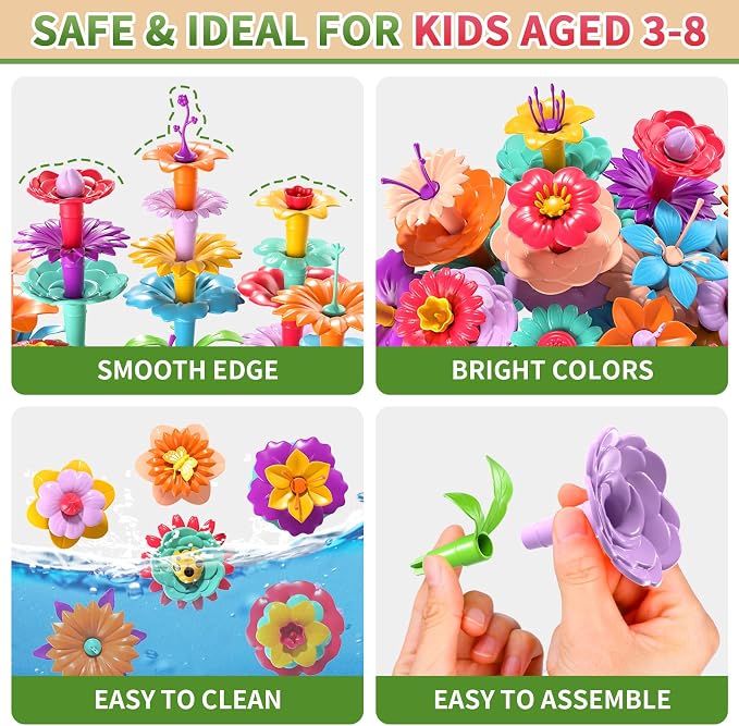 Garbo Star 148PCS Flower Garden Building Toys for 3 4 5 6 Year Old Girls, Educational Activity Preschool Birthday Gifts for 3 4 5 Year Old Girls, Building Stem Toys for Kids Toddlers Ages 3-5