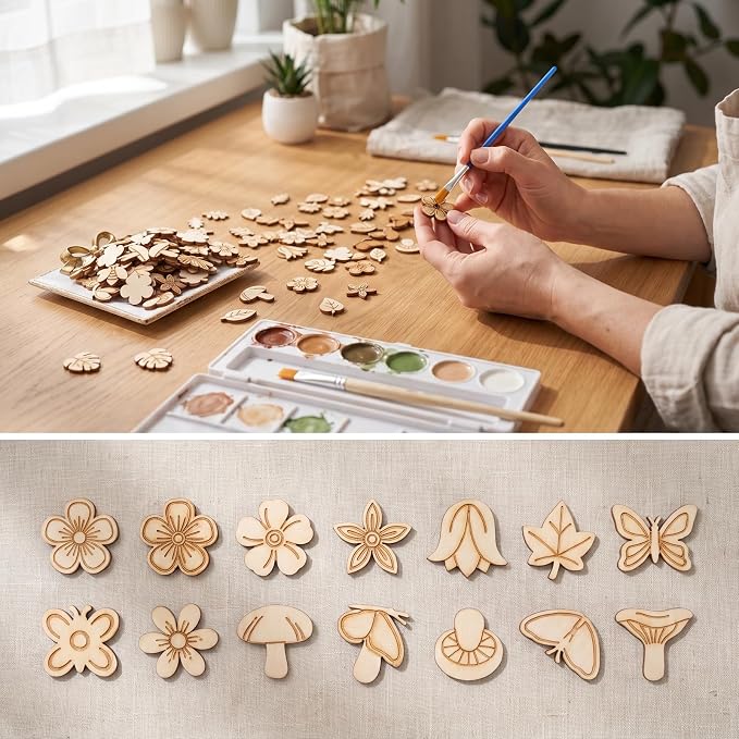 100PCS Unfinished Wood Flowers, Blank Wooden Crafts to Paint Flower