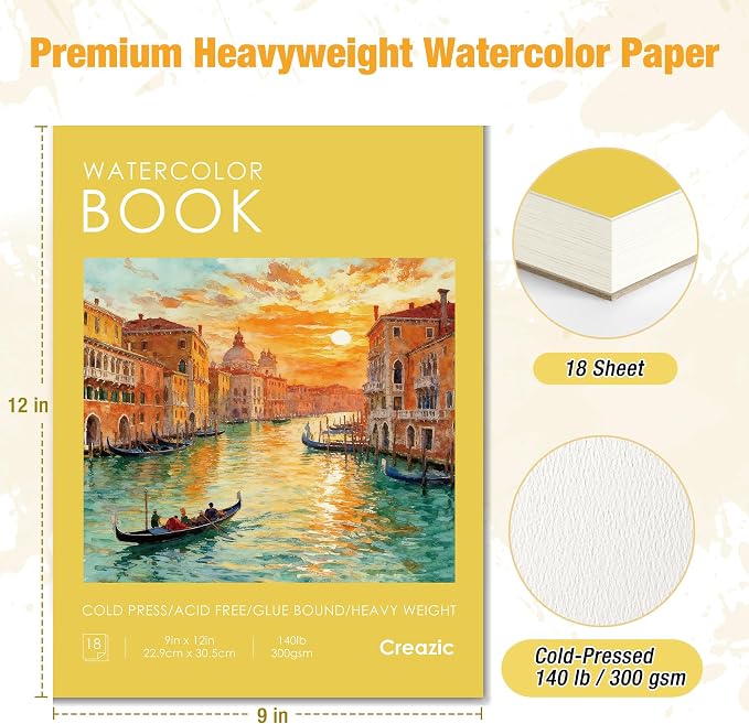 Creazic Watercolor Paper Pad, 9"x12" Water Color Paper,140lb/300gsm, Yellow