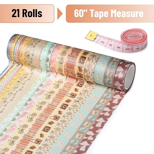Mr. Pen- Washi Tape Set, 21 Rolls, Assorted Sizes, 5 Yards/Roll | Washi Tape for Scrapbook, Arts, Crafts, Journals and Planners, Vintage Charm Design