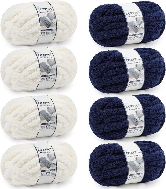 Cozyful Chunky Yarn for Hand Knitting - #10 Chunky Chenille Yarn, Jumbo Big Thick Chunky Yarns for Crocheting, Super Bulky Chunky Knit Blanket Yarns, 8 Skein (22yd, 8oz/Skein), Cream & Navy