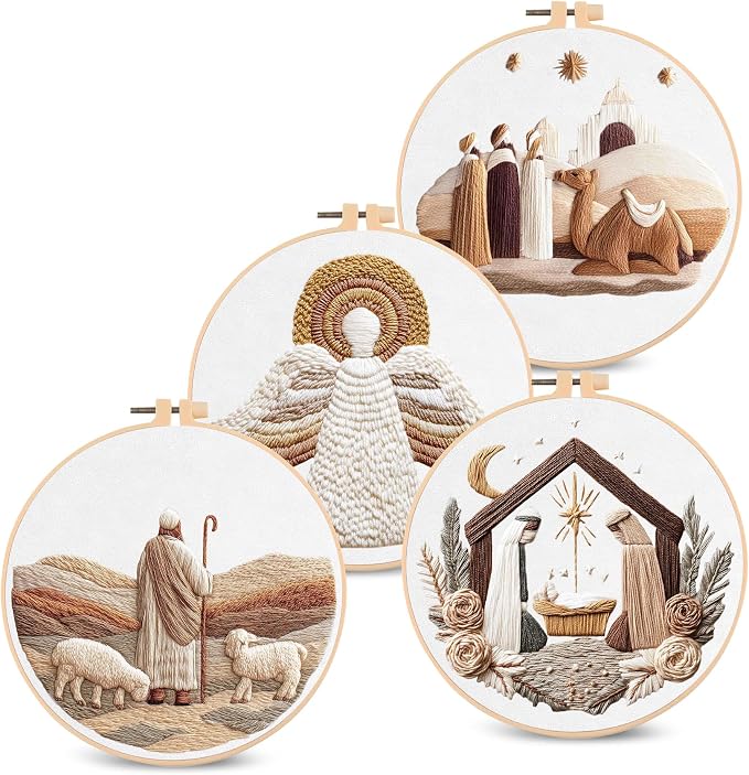 Santune Christian Embroidery kit,Nativity Scene Needlepoint Cross Stitch Kits for Beginners Adult,Needle Point Sets,4 Embroidery,2 Hoops,Christmas Ornaments