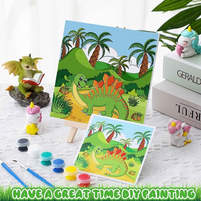 Tenceur 12 Sets Pre Drawn Canvas to Paint Adult Stretched Coloring Painting Canvas Panels with Design Easel and Brushes for Party Supplies Beginner Favor(Dinosaur)