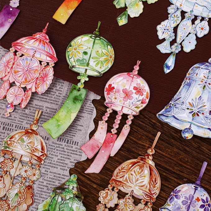 Doukado 60 Pcs Japanese Wind Chime Stickers, Cardstock Windbell Decals Set