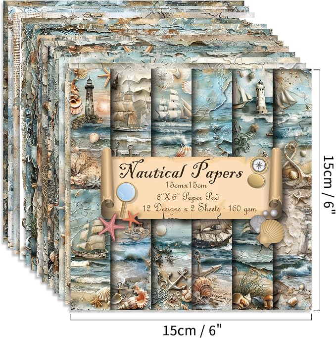 6x6" Cardstock Single Sided Scrapbooking,Craft Decorative Scrap Book Paper | 160gsm,24-Sheet 12Patterns Colored Paper,Junk Journal Supplies,Vivid Origami Papers DIY Craft Gift Wrapping Album.Nautical