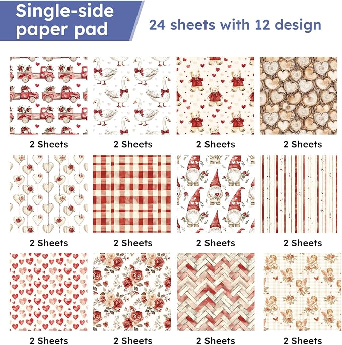 24 Sheets Cute Scrapbooking Paper Pad - 6inch Sweet Patterns Designed Supplies for Valentine Christmas DIY Crafts Cardstock Material Journals Collage Diary Gift Folded Wrapping