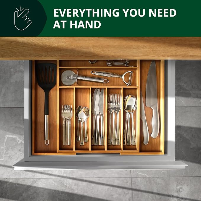 ROYAL CRAFT WOOD Luxury Bamboo Kitchen Drawer Organizer - Silverware Organizer, Utensil Holder & Cutlery Tray Drawer Dividers for Flatware (9 Slot, Natural)