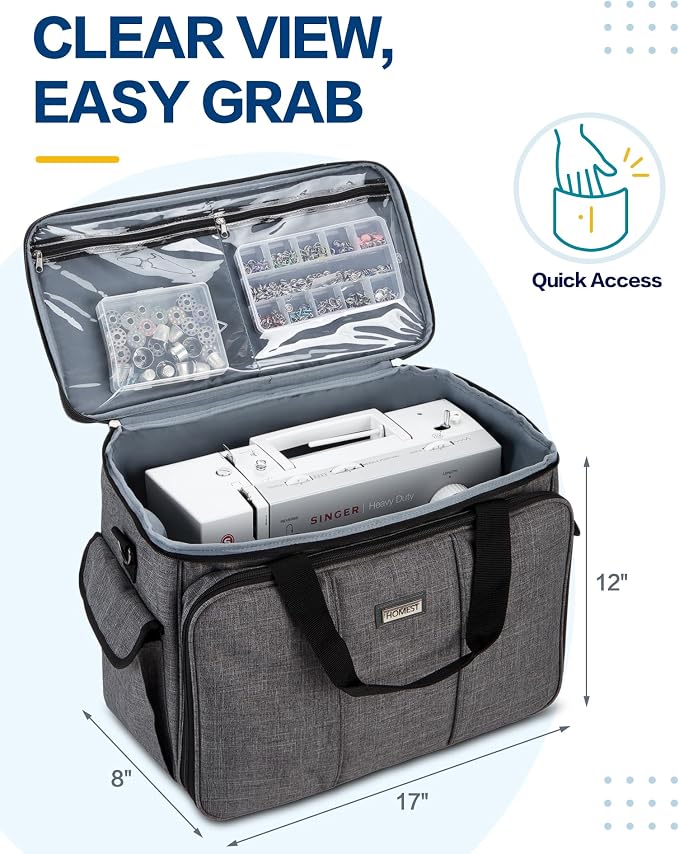 HOMEST Sewing Machine Carrying Case with Multiple Storage Pockets, Universal Tote Bag with Shoulder Strap Compatible with Most Standard Singer, Brother, Janome, Grey (Patent Design)