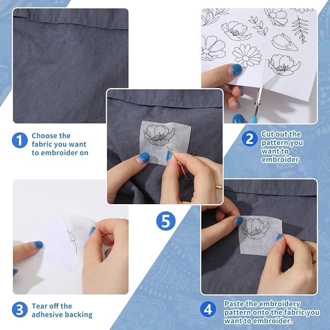ORIGACH 4 Sheets Large Water Soluble Embroidery Patterns Stabilizers - Pre-Printed Floral, Plants, Mushroom & Bonsai Designs - Stick & Stitch Embroidery Paper for Hand Sewing Lovers