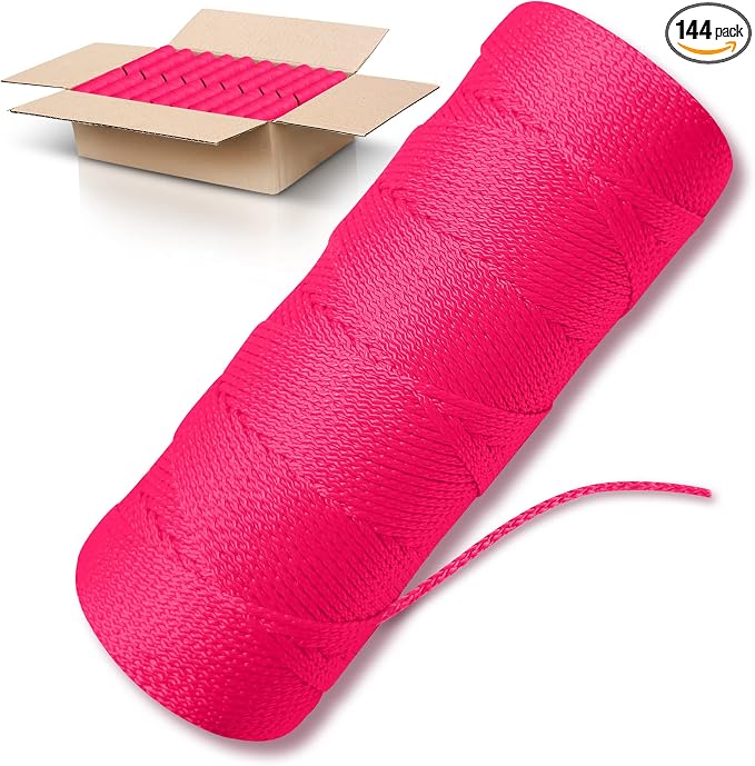 Pink Mason Line String Line - 144 Roll Pack - #18 Braided Nylon String - 250 Ft Length Per Roll - Nylon Twine for Gardening Or Masonry Tools - Perfect Construction String for A String Level