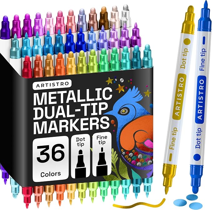 ARTISTRO Metallic Dual-Tip Acrylic Paint Marker Pens - Set of 36 | For Fabric, Rock, Glass, Wood, & Coloring Books, Arts & Crafts Gift, Classroom Must Haves & School Supplies (Dot & Fine Tips)