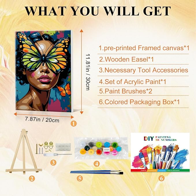 SparkGlow Butterfly Woman Framed Paint by Numbers Kit for Adults | 8×12 Inch Painting by Numbers | Include Easel | Premium Materials | Relax and Fun | Number Painting for Gifts | Home Decor