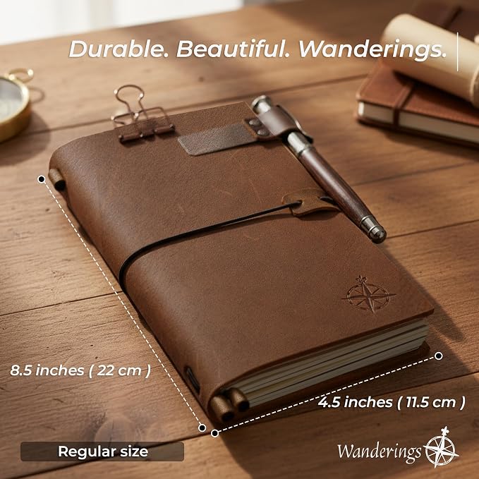 WANDERINGS Regular Size Travelers Notebook Bundle – 4.5" x 8.5" (11.5 x 22cm) – Genuine Leather Journal with Pen Holder, Pen, 2 Ink Refills, PVC Folder & Binder Clip
