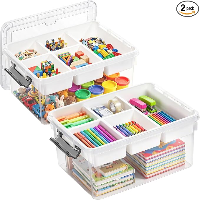 Citylife 17QT 2Packs Clear Craft Organizers and Storage Box with Tray | Stackable Art Supply Organizer Storage Bins with Lids for Beads, Markers, Sewing, Tools, Playdoh, Coloring Books, Made in USA