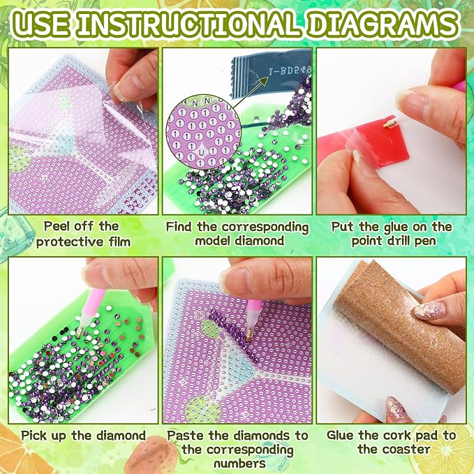 UPINS 8Pcs Cocktail Diamond Art Coasters,Summer Beach Diamond Art Coasters with Holder for Adults DIY Drink Bar Party Home Warming Gifts