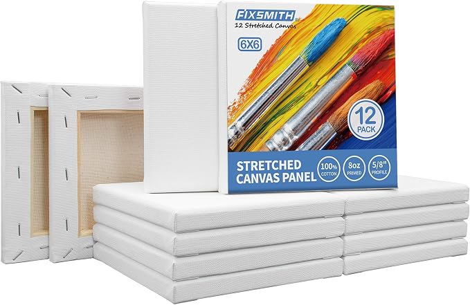 FIXSMITH Stretched Canvas for Painting - 6x6 White Canvas Bulk Pack of 12,Primed,100% Cotton,5/8 Inch Profile of Super Value Pack for Acrylics,Oils & Other Painting Media.