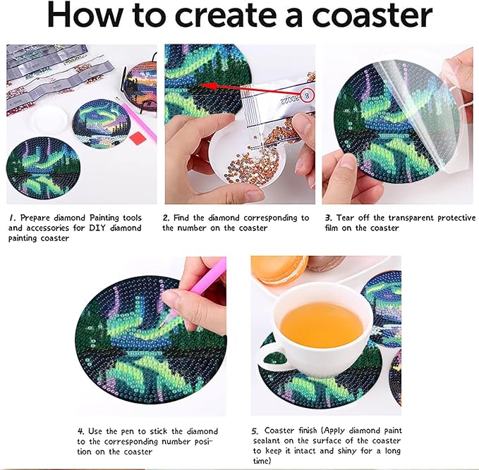 askkqtx 8 Pcs Aurora Diamond Art Coasters Kits with Holder 4X4 Inch