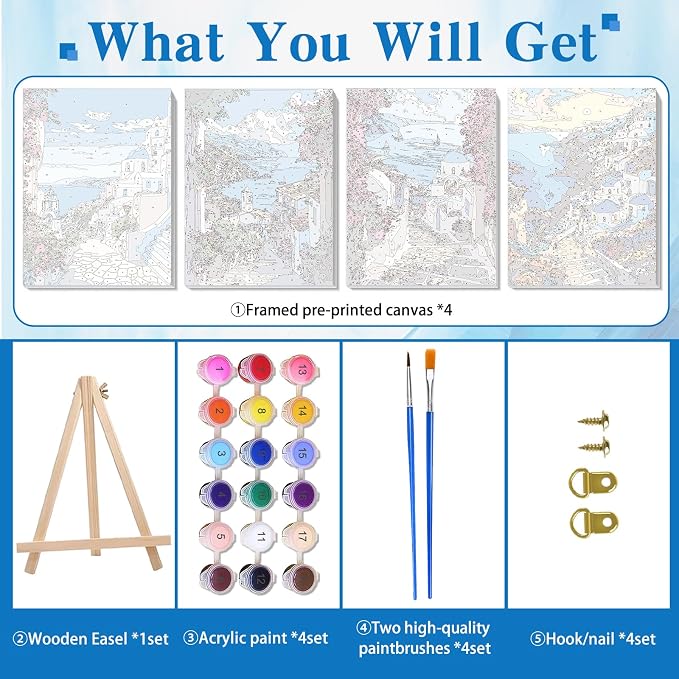 Ycydilirab 4 Pack Framed Paint by Numbers-Seaside Scenery Paint by Number Adult,Landscape Paint by Numbers Framed Canvas with Wooden Easel for Home Wall Decor (8x12 inch)