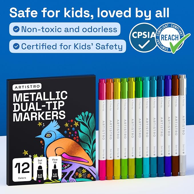 ARTISTRO Metallic Dual-Tip Acrylic Paint Marker Pens - Set of 12 | For Fabric, Rock, Glass, Wood, & Coloring Books, Arts & Crafts Gift, Classroom Must Haves & School Supplies (Dot & Fine Tips)