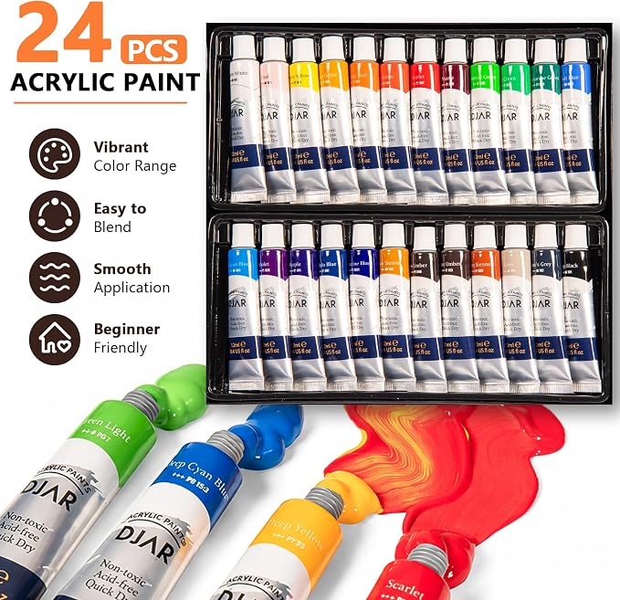 DJAR 49 Pcs Acrylic Paint Set with Tabletop Easel & Canvas, 24 Colors | Complete Art Supplies Kit with Canvas Panels, Brushes and Painting Pads, Painting Set for Kids, Beginners, Adults and artists