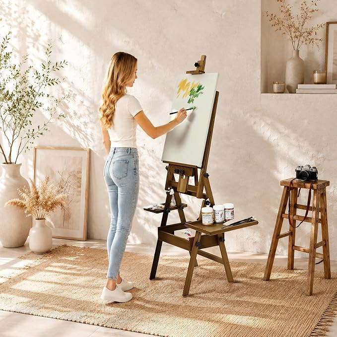 MEEDEN Painting Easel with Storage and Tray: H-Frame Beech Wood Art Easel | Easel Stand for Adults, Artists, Students, Beginners - Adjustable 50"-80" H, Holds Canvas Up to 47 Inches