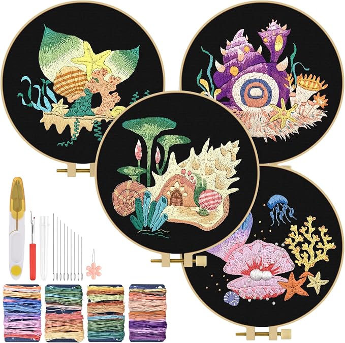 TINDTOP 4 Pack Embroidery Kit for Adult, Embroidery DIY Starter Kit