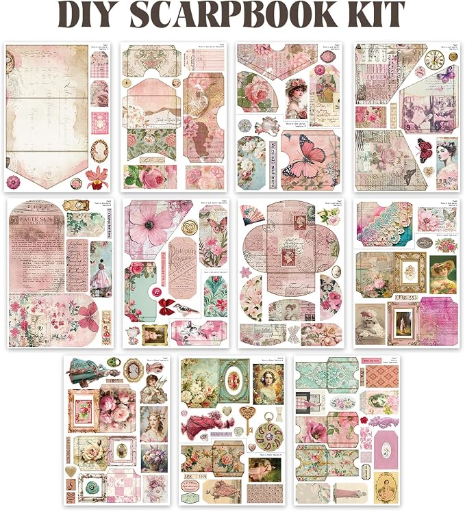 ZHIJIANHZ Junk Journal Kit Pink Romantic Ephemera Set for Scrapbooking