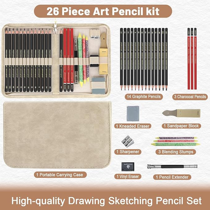 Heshengping, Sketching and Drawing Pencils Set 26pcs, Art Supplies Drawing pencil Kit,Graphite Charcoal Professional Pencils Set, Adults Beginners Artist