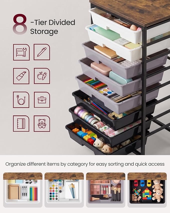 VASAGLE Rolling Cart with Drawers, Craft Organizers and Storage, Black