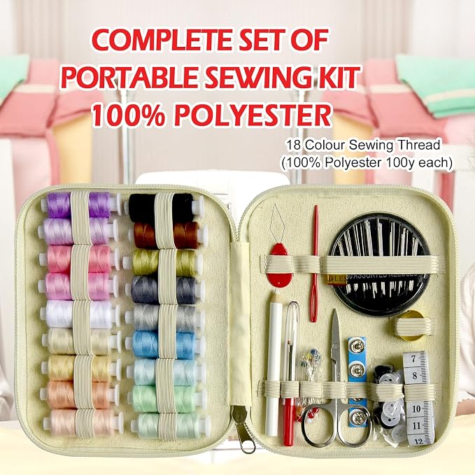 Sewing Kit with Case Portable Sewing Supplies for Home Traveler, Adults, Beginner, Emergency, Contains 18 Sewing Thread, Scissors, Needles, Measure etc,Off White