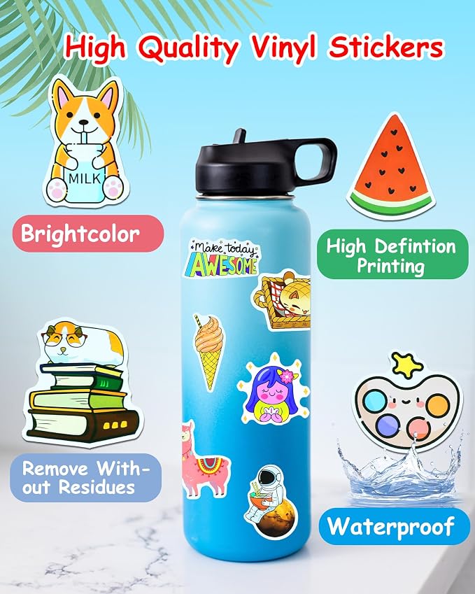 EOAOD 200 Cute Aesthetic Water Bottle Stickers for Kids, Waterproof Vinyl | Perfect for Classroom Prizes and Rewards, Laptops, Skateboards, Notebooks and Crafts, Ideal for Kids, Teens and Students