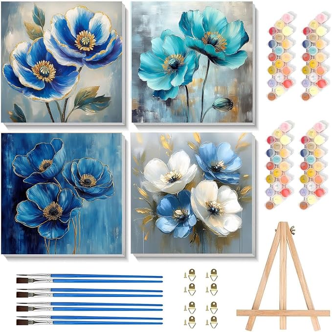 Flowers Paint by Numbers Kit for Adults Framed 4 Pack with Easel 8x8 inch