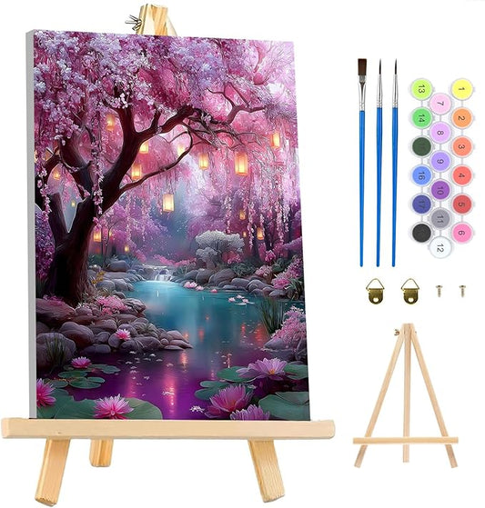 MAXBYE Framed Paint By Numbers Kits for Adults with Wooden Easel, DIY Dream Tree Adult Paint by Number Kits, Oil Acrylic Paintings Kit for Beginners Gift Home Wall Garden Decor 10×14 Inch