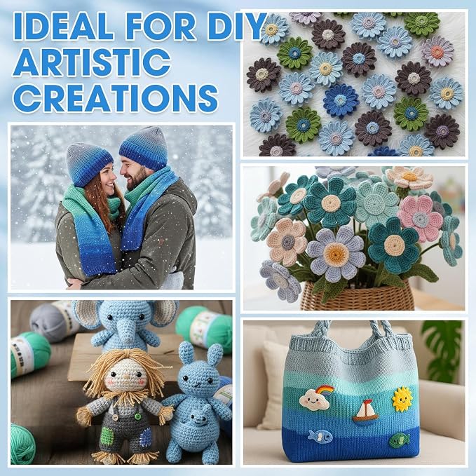 Buryeah Blue Series 8 Packs Crochet Yarn Knitting Bundle Beginner Acrylic Thread Fluffy Hand Tube Polyester Yarn Needles Bulky Kit Variety Pack 726 Yards for Weaving Crafts DIY Project Beginner