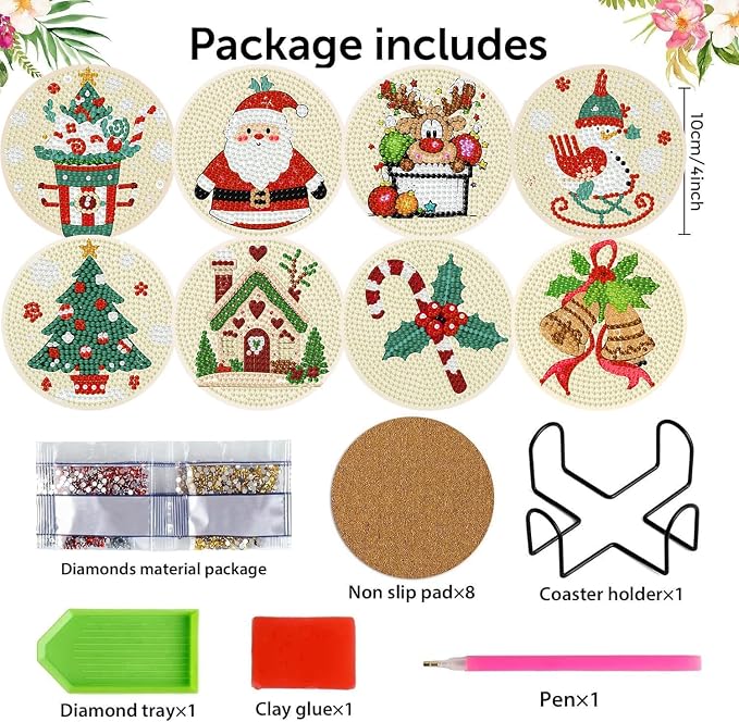 mrpwnle 8 Pcs Diamond Art Coasters Kit Christmas Diamond Painting Coasters