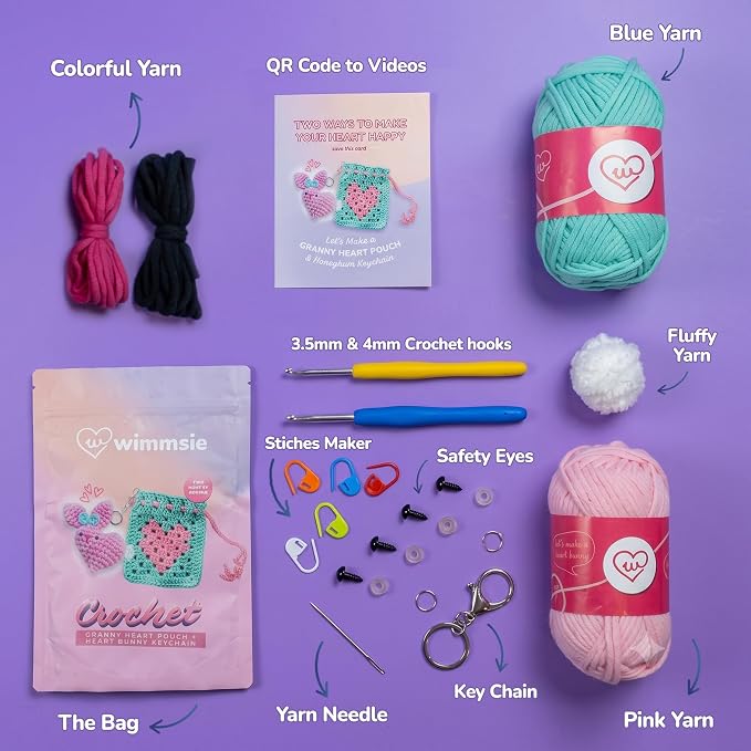 Wimmsie Crochet Animal Kit for Beginners - Easy Granny Square Crochet Kit for Beginners Kids & Adults - Cute Amigurumi Heart Bunny Keychain & Mini Heart Purse - Step by Step Video Tutorials
