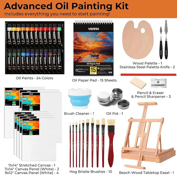 VISWIN Deluxe Oil Paint Set with Beech Wood Easel Box, Advanced Painting Kit with Paint Brush, Canvas, Palette, Oil Cup, Brush Washer, Pencils, Art Supplies, Painting Set for Adult, Artist, Beginners