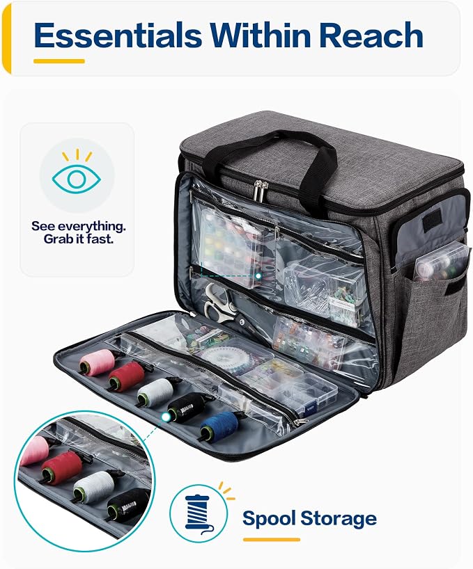 HOMEST Sewing Machine Carrying Case with Multiple Storage Pockets, Universal Tote Bag with Shoulder Strap Compatible with Most Standard Singer, Brother, Janome, Grey (Patent Design)