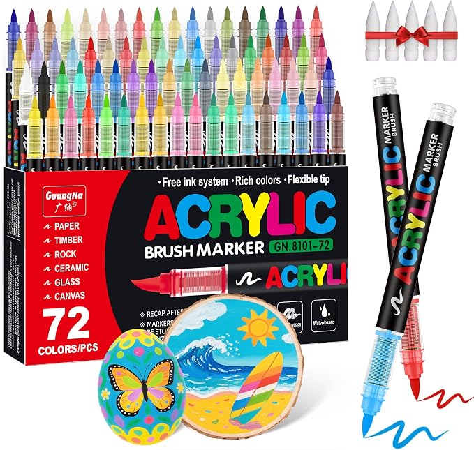 Guangna Acrylic Paint Markers Brush Tip, 72 Vivid Colors with Direct-Liquid Ink Control System, Professional-Grade Paint Pen for Rock Painting, Canvas, Glass, Plastic, Fabric & Creative Crafts