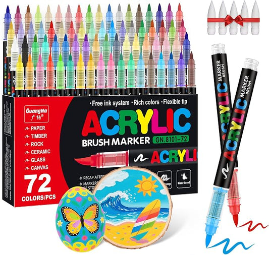 Guangna Acrylic Paint Markers Brush Tip, 72 Vivid Colors with Direct-Liquid Ink Control System, Professional-Grade Paint Pen for Rock Painting, Canvas, Glass, Plastic, Fabric & Creative Crafts