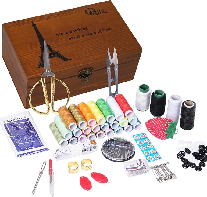 Wooden Sewing Kit Box, Wooden Sewing Box with Sew Kit Accessories | Sewing Repair Kit Sewing Basket, Basic Sewing Kit for Adults, Beginner Universal Home Sewing Repair Tool Kit Sewing Set