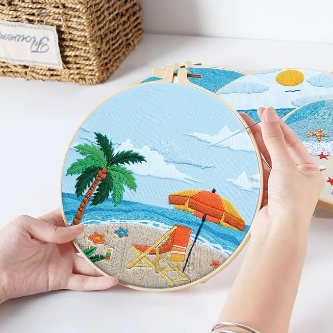 4 Set Ocean Embroidery Kit for Beginners Adults Embroidery Starter Kit Ocean Beach Pattern Spring Summer Hand Crewel Embroidery Kit Cross Stitch Kit Include Instruction 2 Hoops Color Threads Needles
