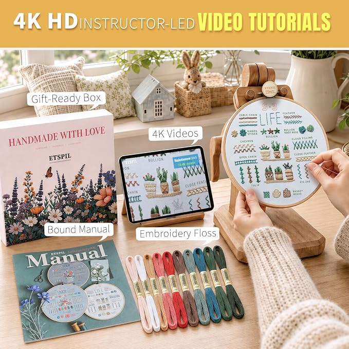 ETSPIL Embroidery Kit for Beginners, 4K Step-by-Step Video, Adults, Gift | 33 Stitches, No-Wash Pre-Printed Pattern, Magnetic Needle Minder, Bound Guide & Storage Tube - Calming Craft for Women