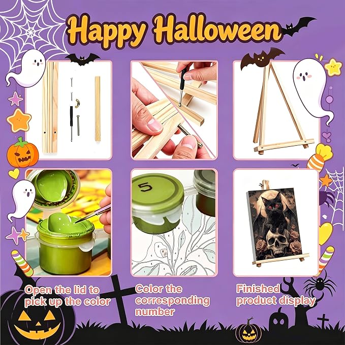 Paint by Numbers for Adults Halloween with Framed Canvas - Wooden Easel | 4 Pack Halloween Paint by Number on Canvas, DIY Acrylic Oil Painting Kits with Brushes for Home Wall Decor (8x12 inch)