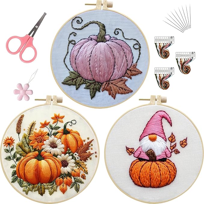 LB Pink Fall Embroidery Kit for Beginners Adults, 3 Sets Hand Embroidery Starter Kit with Gnome Pattern and Instructions Stamped Cross Stitch Kits Include Embroidery Hoop Needles Threads Scissors