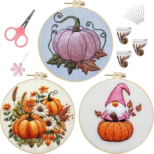 LB Pink Fall Embroidery Kit for Beginners Adults, 3 Sets Hand Embroidery Starter Kit with Gnome Pattern and Instructions Stamped Cross Stitch Kits Include Embroidery Hoop Needles Threads Scissors