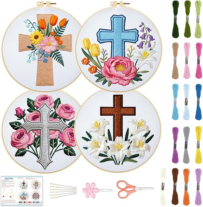 BEUNITONE 4Set Cross and Flowers Pattern Embroidery Kit for Adult Beginners | DIY Cross Stitch Kits, Complete Needlepoint Kits for Adults, Handmade Embroidery for Gifts, Fabric and Home Decor 20x20cm