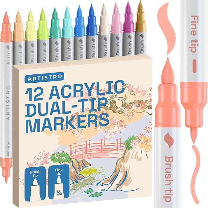 ARTISTRO 12 Pastel Dual-Tip Acrylic Paint Marker Pens for Drawing | For Fabric, Rock, Glass, Wood, & Molds, Arts & Crafts Gift for Adults, Teens, & Kids, Classroom Must Haves & School Supplies